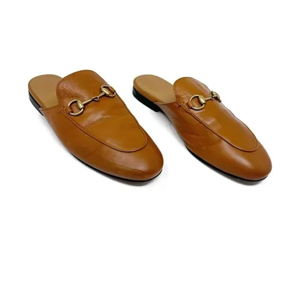 GUCCI Princetown Loafers Tan Brown Mules Shoes Slippers Horsebit EU 35.5 US 5.5 - Picture 1 of 13